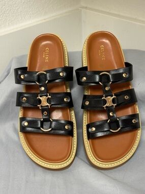 Celine Black Leather Triple-Strap Slide Sandals